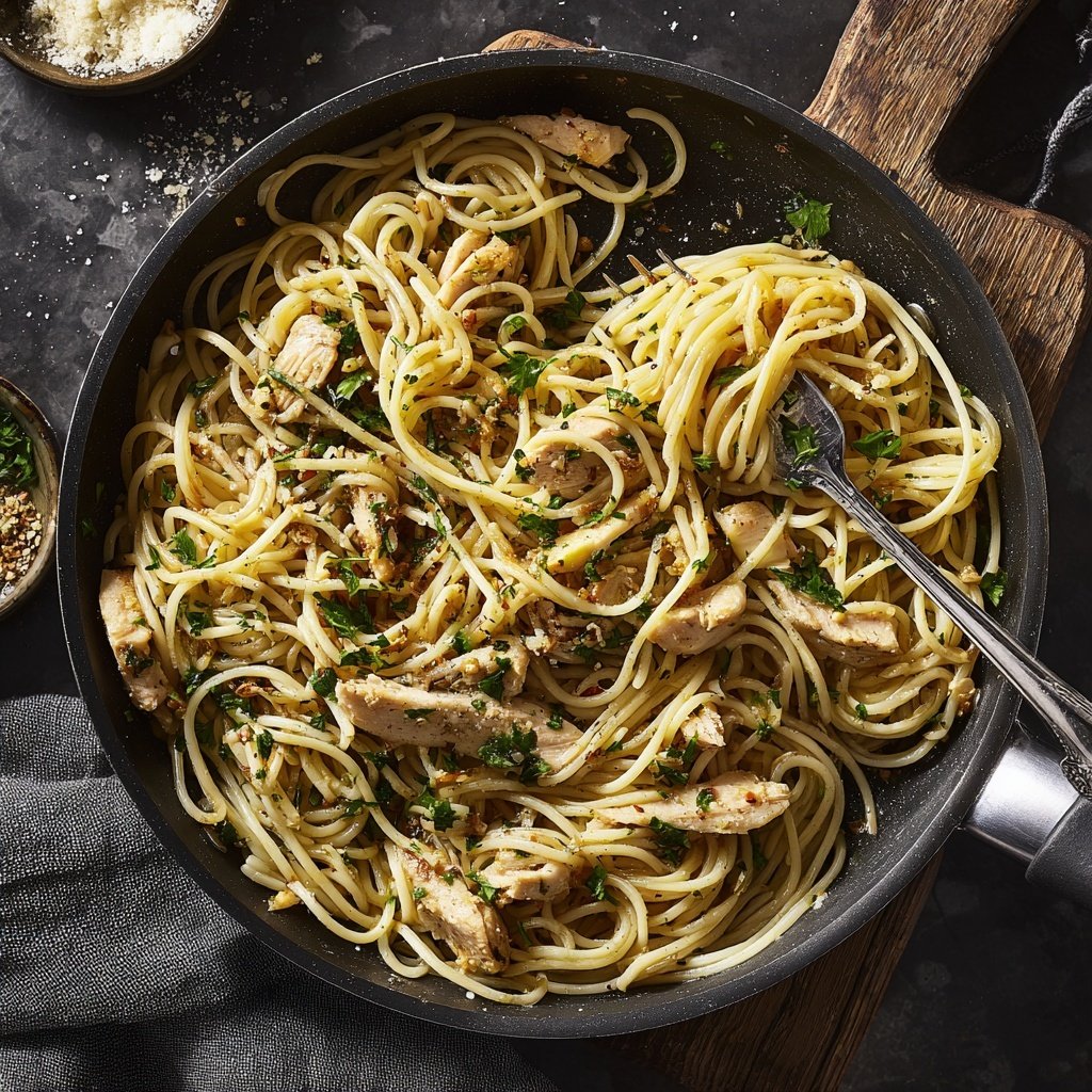 Spaghetti Aglio e Olio with Turkey